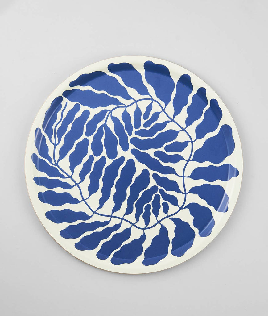 Blue Leaves Round Art Tray —